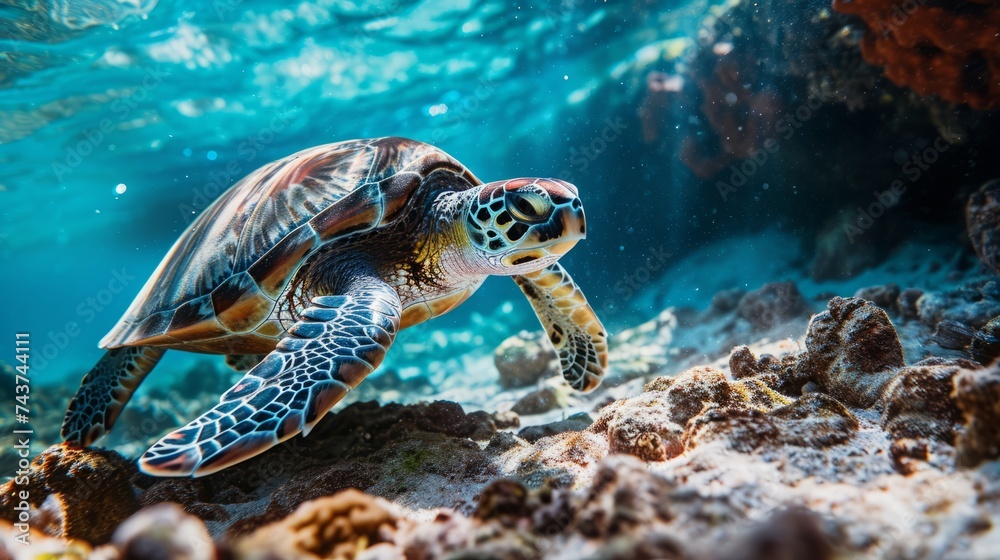 Obraz premium Majestic Sea Turtle Gliding Through Coral Reefs Under Crystal Clear Waters