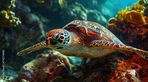Majestic Sea Turtle Gliding Through Coral Reefs in Sunlit Waters  © muhriZ