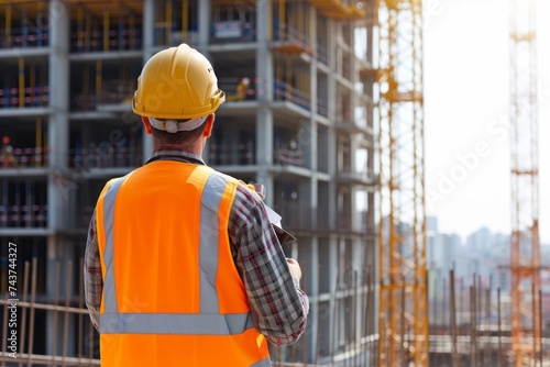 Construction worker in hard hat and safety vest, overseeing a large building project.
