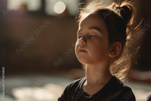 Close up little girl sits with her eyes closed relaxingly meditating in the room, children's mental health and relaxation concept photo