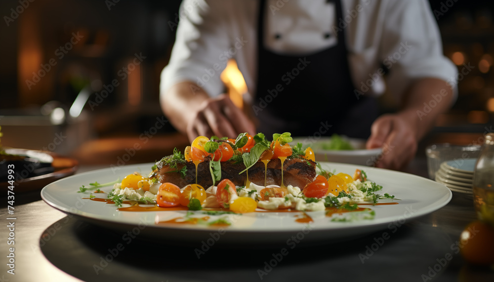 a gourmet dish is prepared by a chef in the kitchen of an expensive restaurant. 