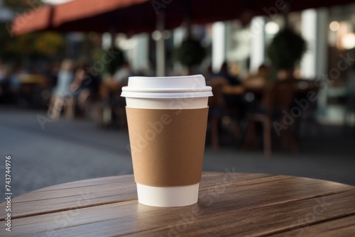 Close up environmentally friendly brown paper cup stands on a table near a cafe against a background of a blurred street. Takeaway coffee concept with empty space on cup for text, mockup and template 