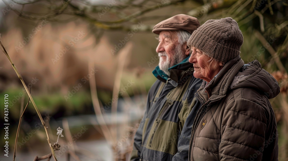 An older couple hiking in the countryside in winter