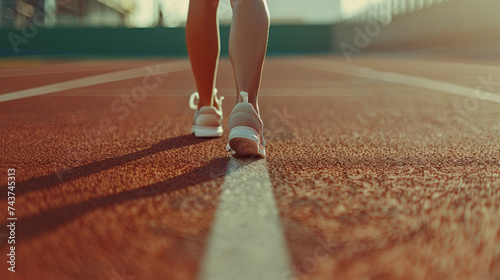 Some legs of a girl with pink sneakers training on an athletics track