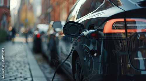 A black electric car charging on a street © Meritxell Cid