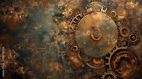 Abstract steampunk grunge background, rusty gears, pipes, mechanisms, wheels, textured backdrop in science fiction style, AI generated