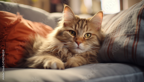cat lies on the sofa in a cozy apartment. shot on sony A7R with 1.2 lens, ultrarealistic, 4k ultrahd, RTX, photorealistic --ar 7:4 --stylize 250 Job ID: 446ed069-f7f8-40a2-8606-cdf6601f4553