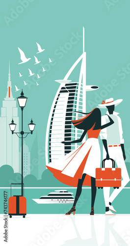 Slika na platnu Luxury Dubai travel vector illustration with Burj Al Arab silhouette, stylish couple with orange luggage in flat design, glamorous vacation poster on teal and white background