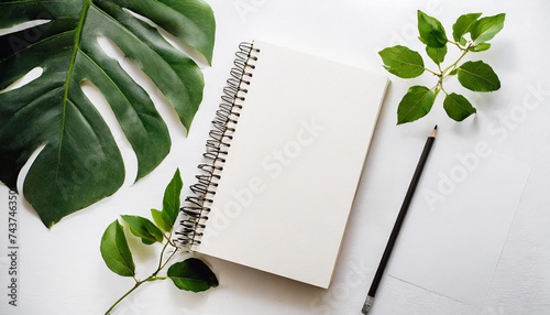 Empty rustic style notepad with green leaves,pencil on a table. Blank white mockup sketchbook on white background, free space. Top view, copy space for text or advertisement.