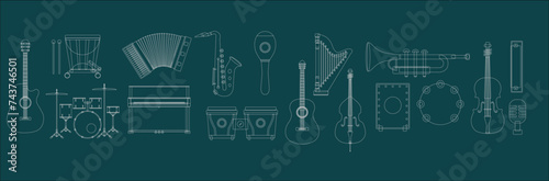 Musical instruments banner. Instrumental band, saxophone drum guitar background. Music jazz orchestra concert, abstract neoteric vector poster with flat instrument