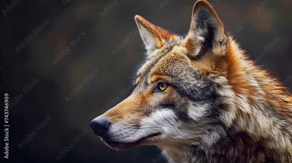 portrait of a wolf side view on brown background 