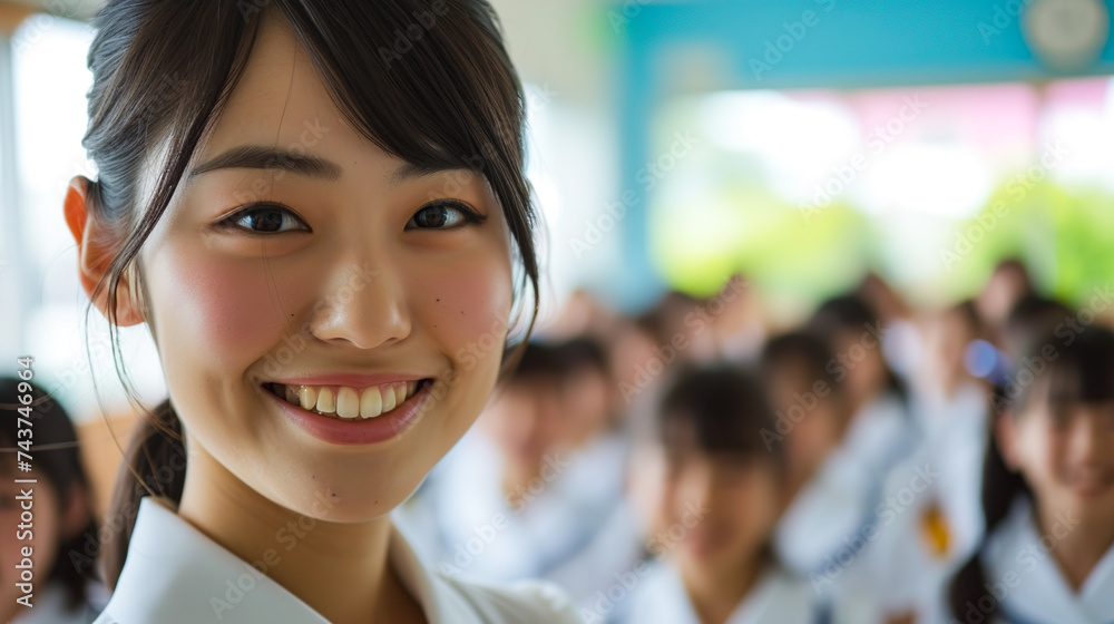 小学校の教室で笑顔の女性の教師