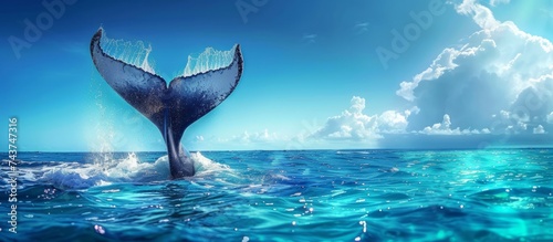 Seascape with whale tail dripping with water on the surface of the sea or ocean, banner with copy space photo