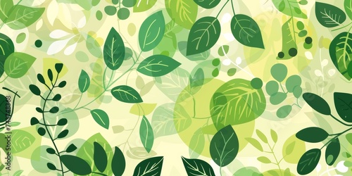 Whimsical springtime foliage with a variety of leaf shapes in fresh green hues on a soft yellow background, ideal for eco-themes.