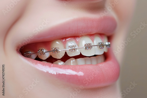 Close-up of a cheerful smile showing clear dental braces on white teeth, with a focus on dental health and orthodontic treatment. The healthy smile.