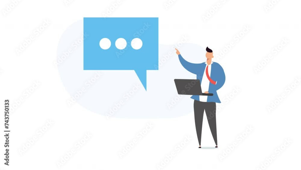 Businessman with laptop and speech bubble. motion animation in flat style Businessman with laptop and speech bubble. motion animation in flat style