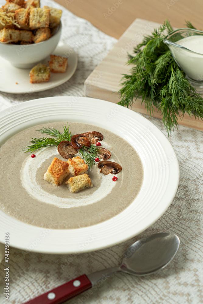 Cream soup of vegetables and champignons with croutons Cream soup of vegetables and champignons with croutons