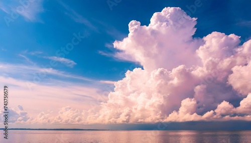 beautiful background image of a romantic blue sky with soft fluffy pink clouds panoramic natural view of a dreamy sky