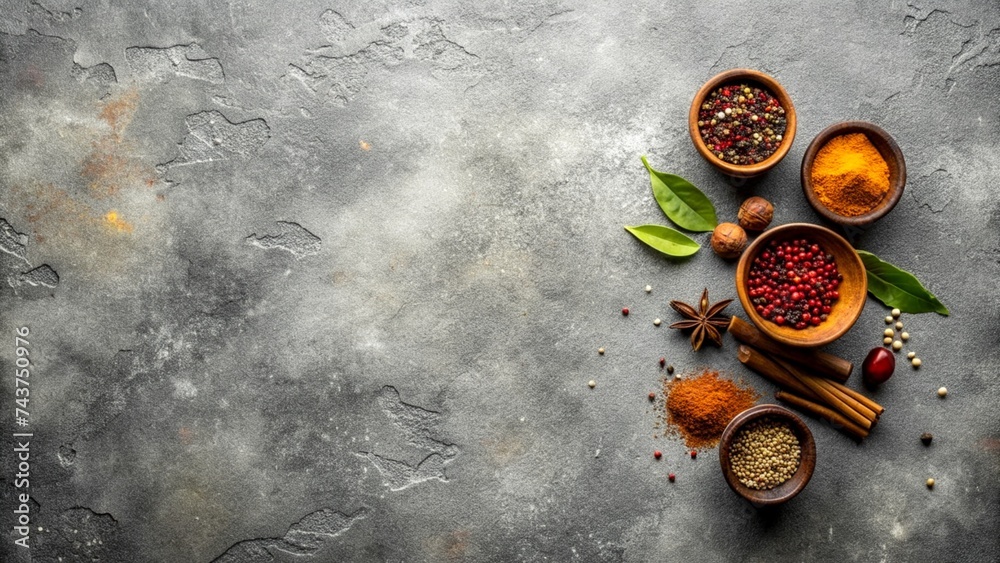 spices and herbs on grey concrete background