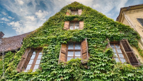 green ivy leaves covered old town house facade creeper plants cover townhouse with wooden barred windows