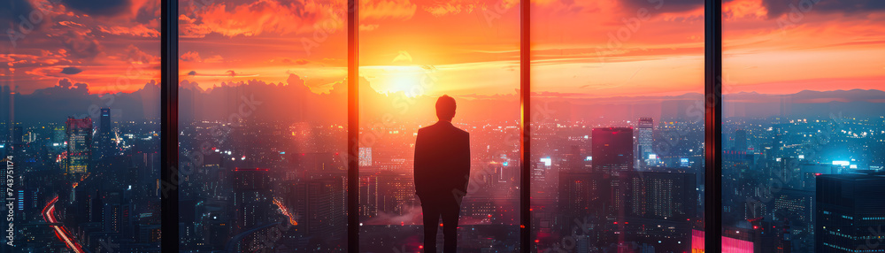 Businessman Overlooking City at Sunset Businessman Overlooking City at Sunset