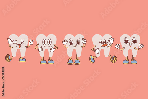 Set of groovy tooth cartoon characters. Funny healthy white molars with happy and sad faces, retro cartoon teeth mascot, dentistry and dental care sticker. Vector 