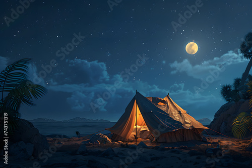 A traditional Bedouin tent set up in the desert with a campfire and starry sky.