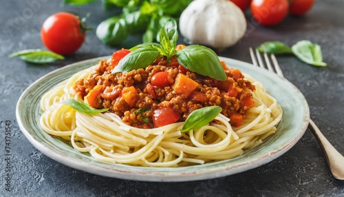 pasta bolognese with vegetables on plate