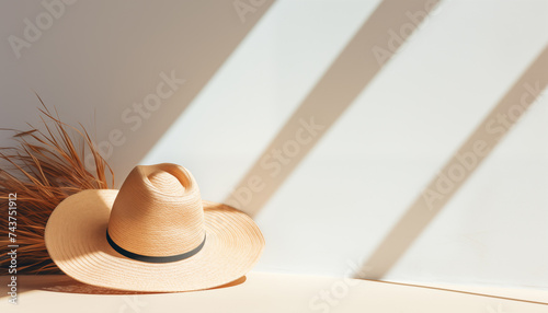 straw hat on a background of a white wall with beautiful light from the window. summer composition of hat and sun. vacation to resort countries.