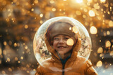 Photo of young boy walking in protective bubble