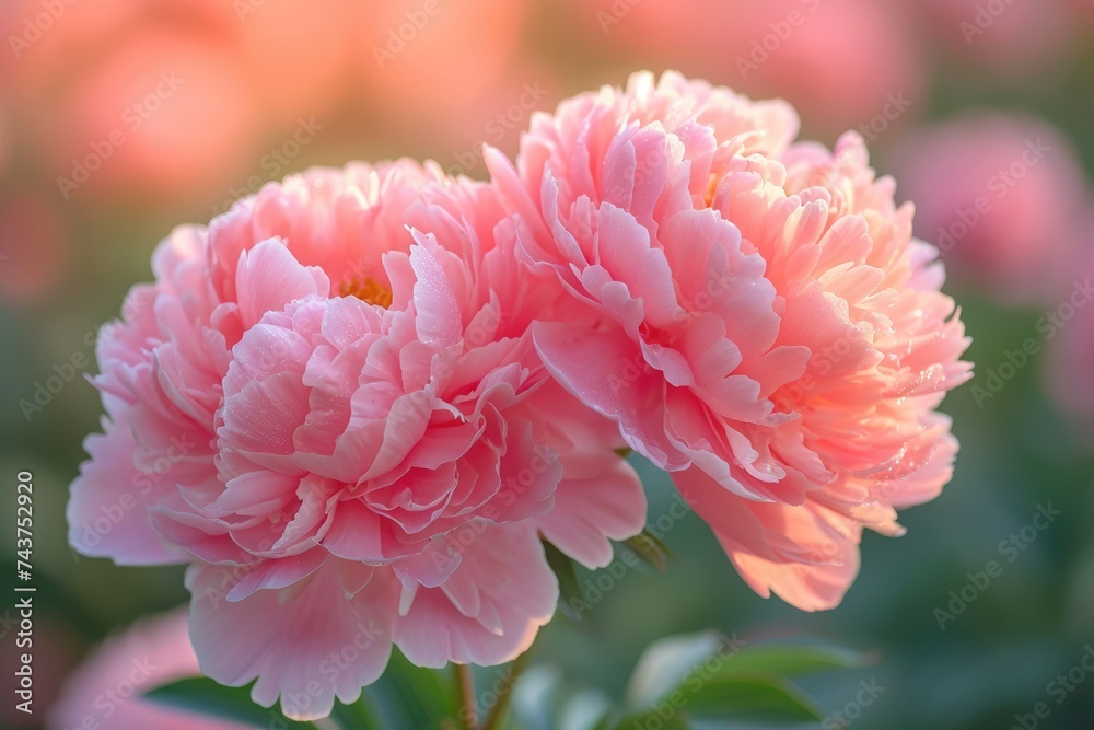 Two vibrant pink peony flowers in a vase, their delicate petals gracefully intertwined, creating a mesmerizing display of natural beauty