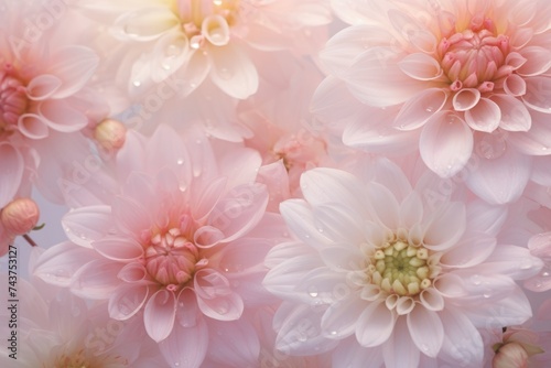 vibrant pink flowers adorned with shimmering water droplets, glistening under the soft morning light