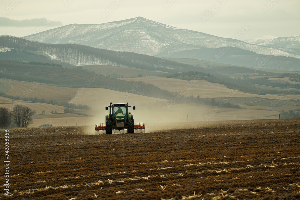 Tractor working in field with picturesque mountain backdrop Tractor working in field with picturesque mountain backdrop