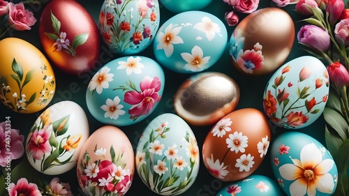 Close-up of hand-painted Easter eggs with intricate designs and vibrant colors.