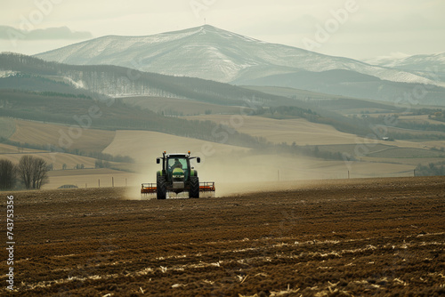 Tractor working in field with picturesque mountain backdrop