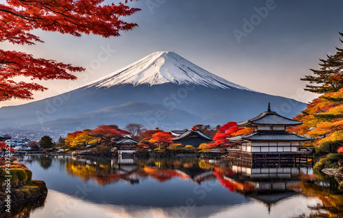 Mt Fuji with maple leaf background at Kawaguchiko lake in Japan Beautiful Fuji mountain and lake landscape view with colorful tree leaves AI Generated  Photo mt fuji over Lake Kawaguchiko with autumn 