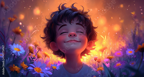The boy felt refreshed amidst the garden of flowers and lights.