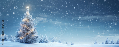 Beautiful christmas tree in fairytale snowy landscape. Wallpaper and background. © Filip