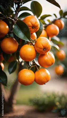 Juicy tangerines ripening on a tree branch on a sunny day
