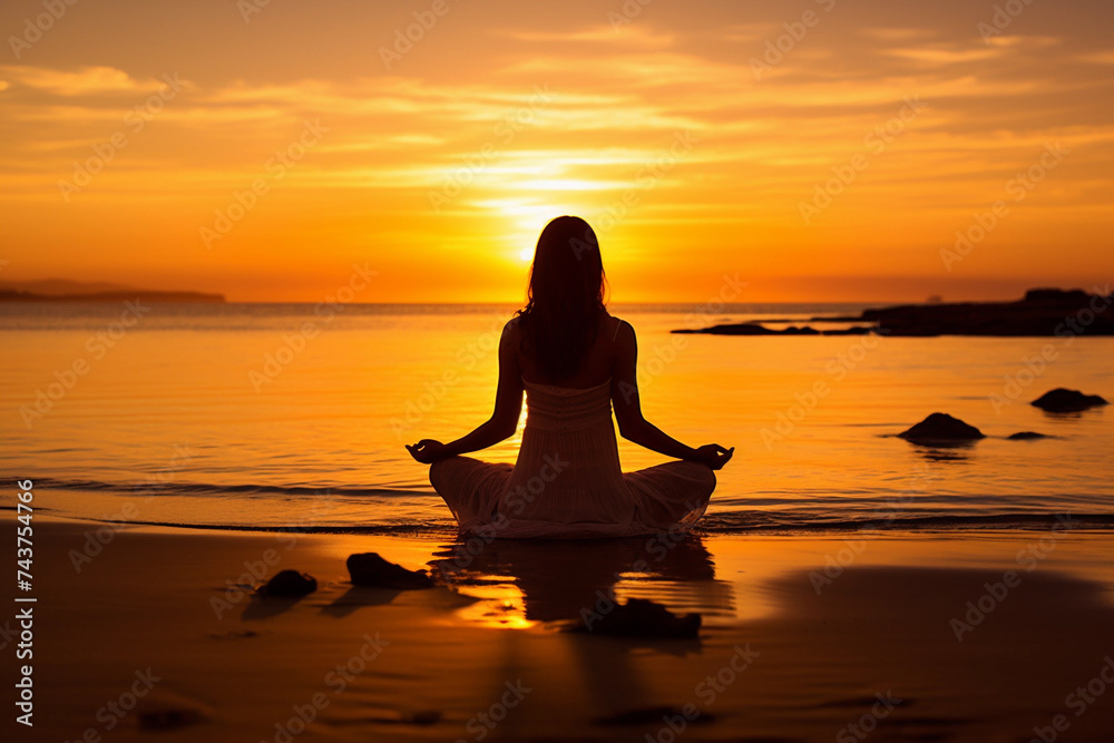 Silhouette of Meditating Woman at Beach Sunset