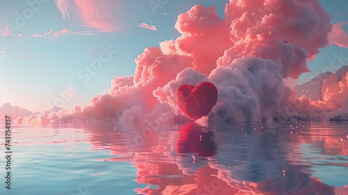 Red heart shaped cloud in the middle of the ocean, love in the air photo