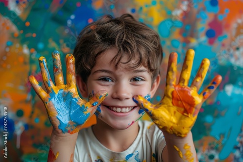 Happy boy with splashed paint on hands