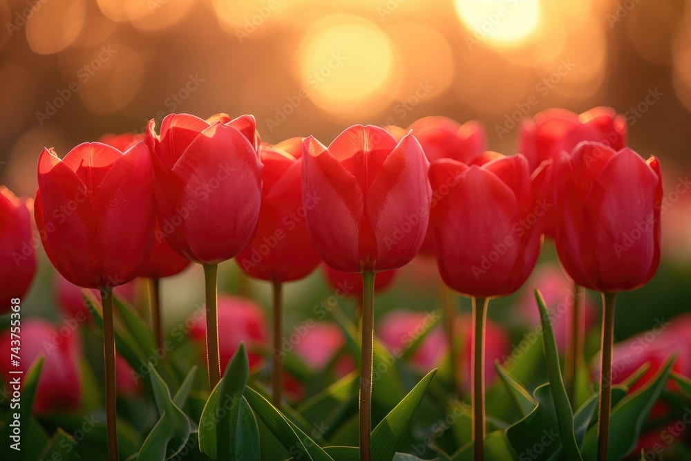 A cluster of vibrant red tulips stands out in a picturesque field, their petals gently swaying in the breeze