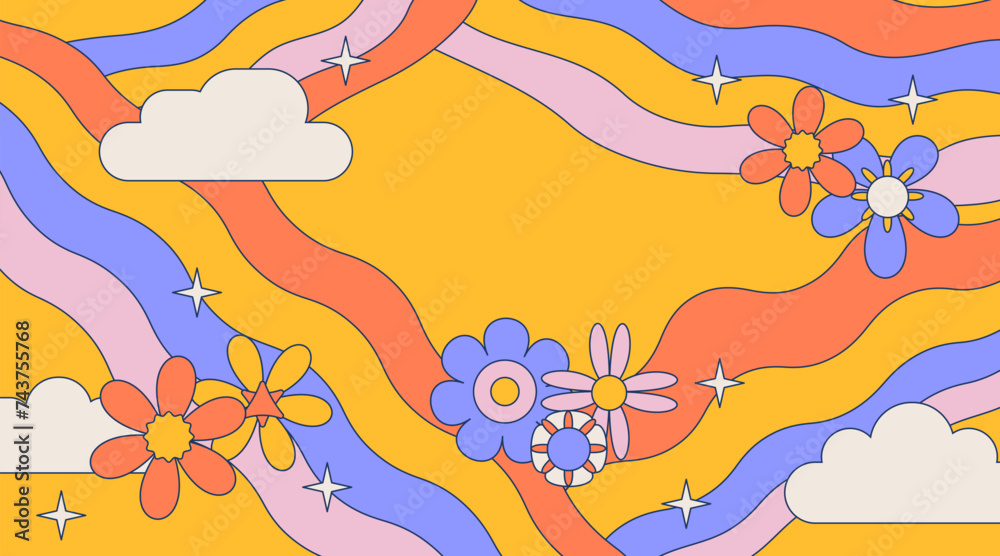 Groovy Frame with colorful flowers, rainbows and clouds with space for text. Magical contour vector illustrations for your as creating card, banner, birthday and summer holidays. Vector illustration,