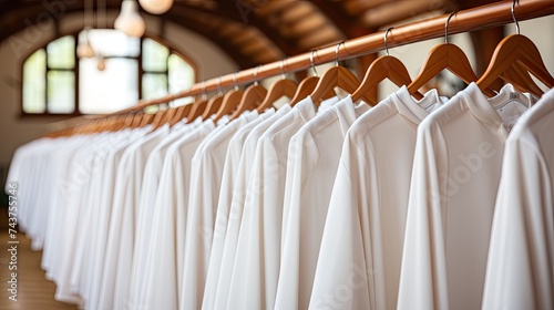 row of pristine white shirts hanging delicately on a rail, exuding a sense of purity and sophistication