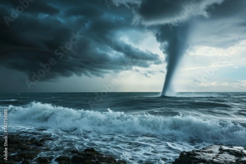 Tornado en el mar poderoso durante tormenta
