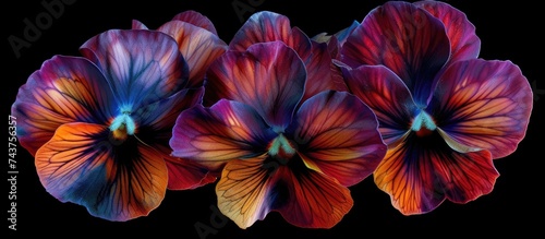 A collection of stunning macro violas stand out against a sleek black background, creating a striking visual contrast. The delicate petals and vibrant colors of the flowers pop against the dark