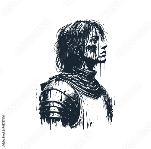 The Lady Warrior 1400s Era. Black white vector illustration. photo