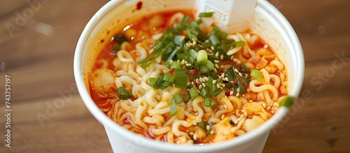 A cup of deliciously spicy Korean instant noodles served with a spoon, providing a satisfying and flavorful experience.