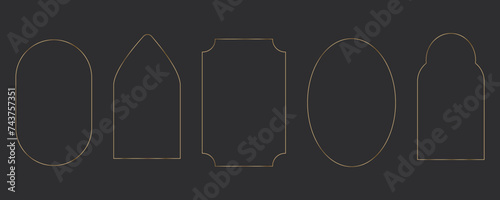 Set thin line golden minimal frames geometric shapes, arch border, elegant deco isolated on dark background. Simple luxury vintage.
